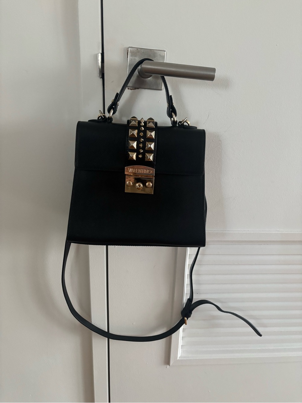 Mario Valentino Black Leather Top Handle Satchel with Gold Studs Shoulder Strap